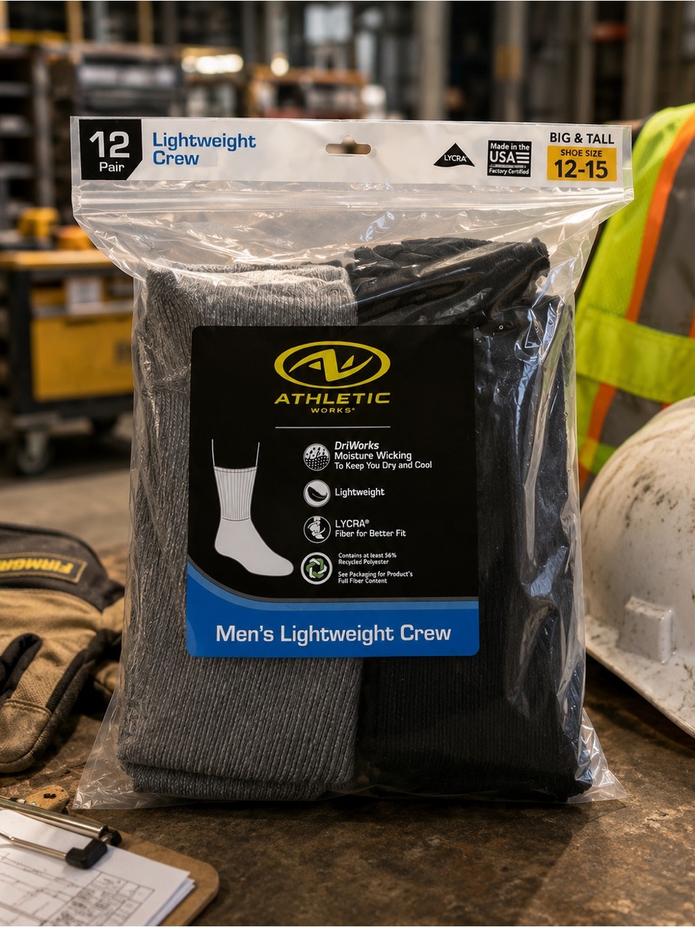 Athletic Works Men's Lightweight Crew Socks - Black & Gray (12 Pair)